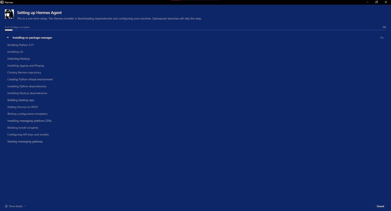 The Hermes installer window, “Setting up Hermes Agent”, showing a progress bar at 0 of 16 steps and a list including installing the uv package manager, verifying Python 3.11, cloning the Hermes repository, building the desktop app and configuring API keys and models.