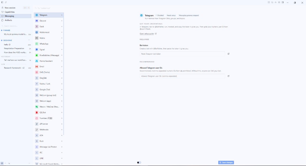 Les réglages Messaging Hermes : une liste de plateformes à gauche (Telegram, Discord, Slack, Mattermost, Matrix, WhatsApp, Signal, Email et d’autres) avec Telegram sélectionné. Le panneau montre Telegram marqué Disabled / Needs setup / Messaging gateway stopped, une note « Get your credentials » qui pointe vers @BotFather et @userinfobot, un champ Bot token obligatoire, et un champ recommandé « Allowed Telegram user IDs » qui prévient que sans lui n’importe qui peut DM votre bot.