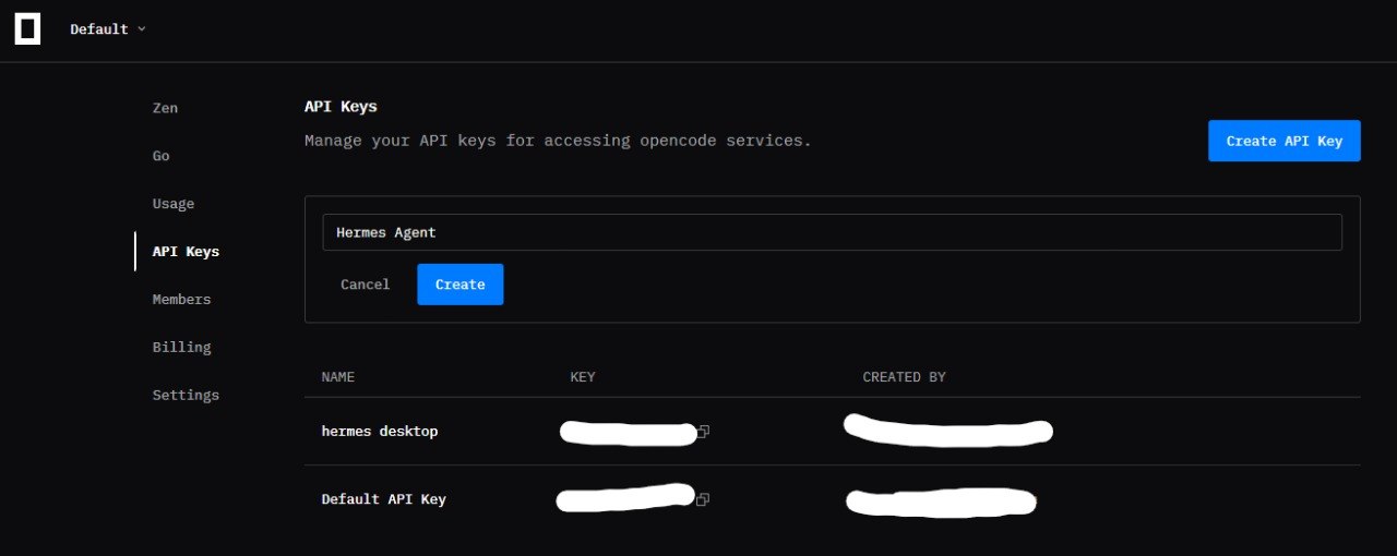 The OpenCode dashboard, API Keys tab: a “Create API Key” button top right, a name field filled in with “Hermes Agent” and a Create button, and a table of existing keys below.